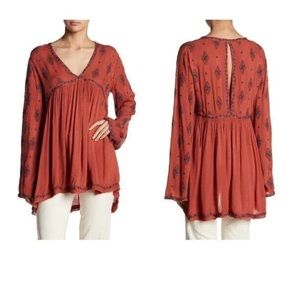 Free People Embroidered Bell Sleeve Tunic Top Cinnamon Fall Orange Sz XS